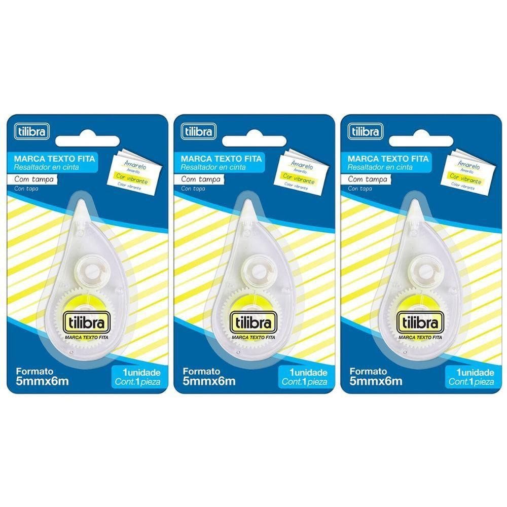 Kit Marca Texto Em Fita Amarelo Tilibra - 5mmx6m C- 3 Unidades