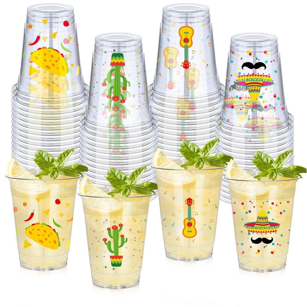 Copos descartáveis Meekoo Fiesta 354,84 ml, pacote 100, 4 estilos
