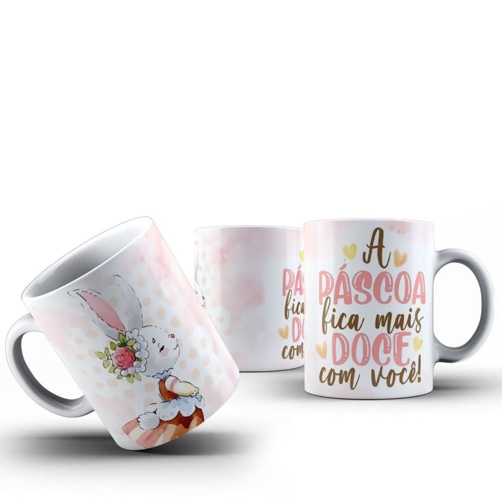 Caneca Xícara Temática Feliz Páscoa 325ml em Cerâmica
