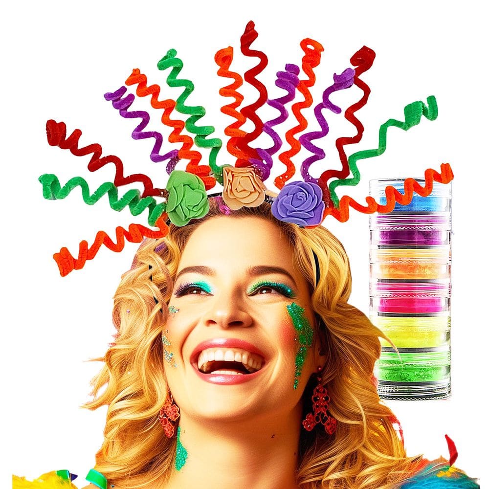 Kit Acessório Fantasia: Tiara Molinha Maluca + Torre 6 Cores Sombra Neon - Carnaval Festa Balada