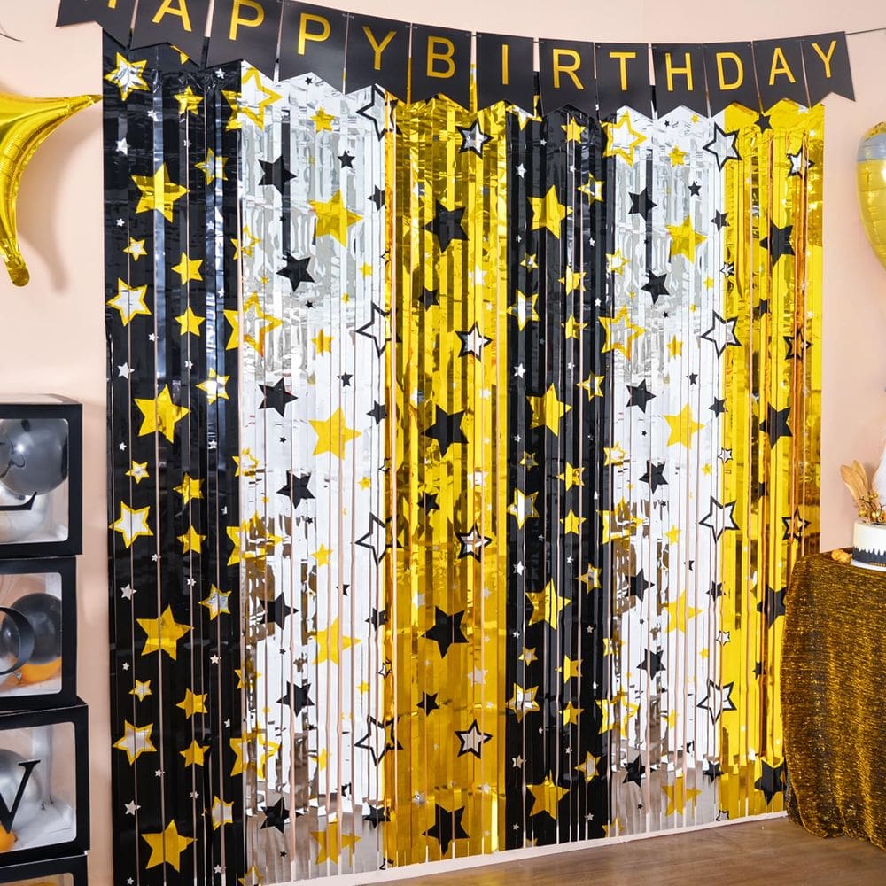 Decorações de festa LolStar Black Gold Star Foil Cortinas 1x2m