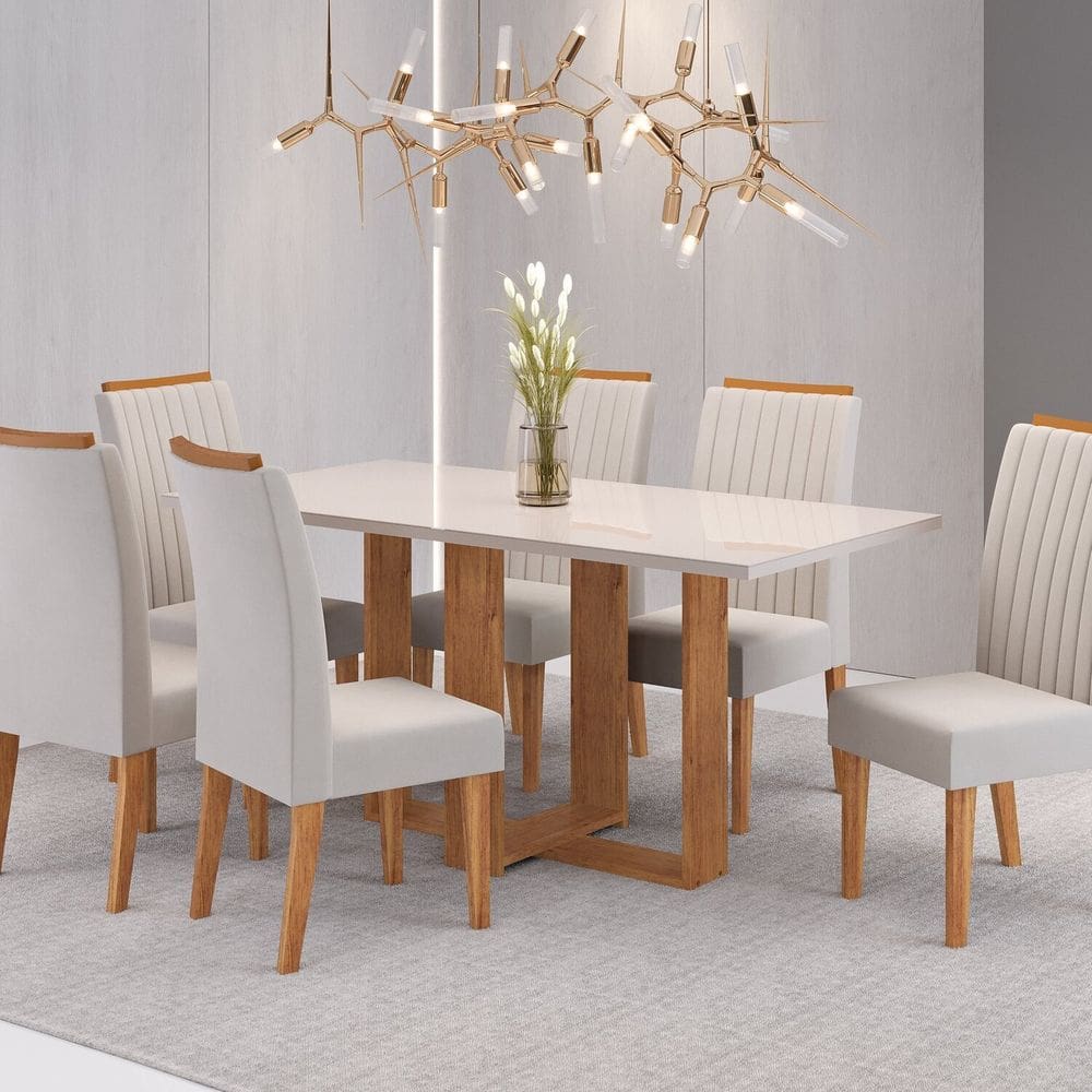 Conjunto Mesa de Jantar Retangular Viel 160x80cm sem Vidro e 6 Cadeiras Mel/Blonde/Marfim