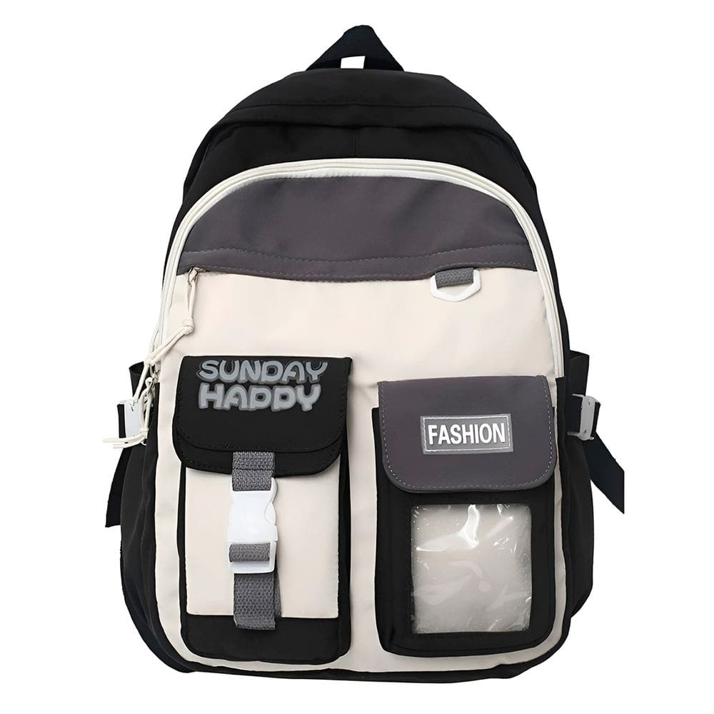 Mochila Juvenil Feminina Casual Cute Passeio Preto C/ Branco