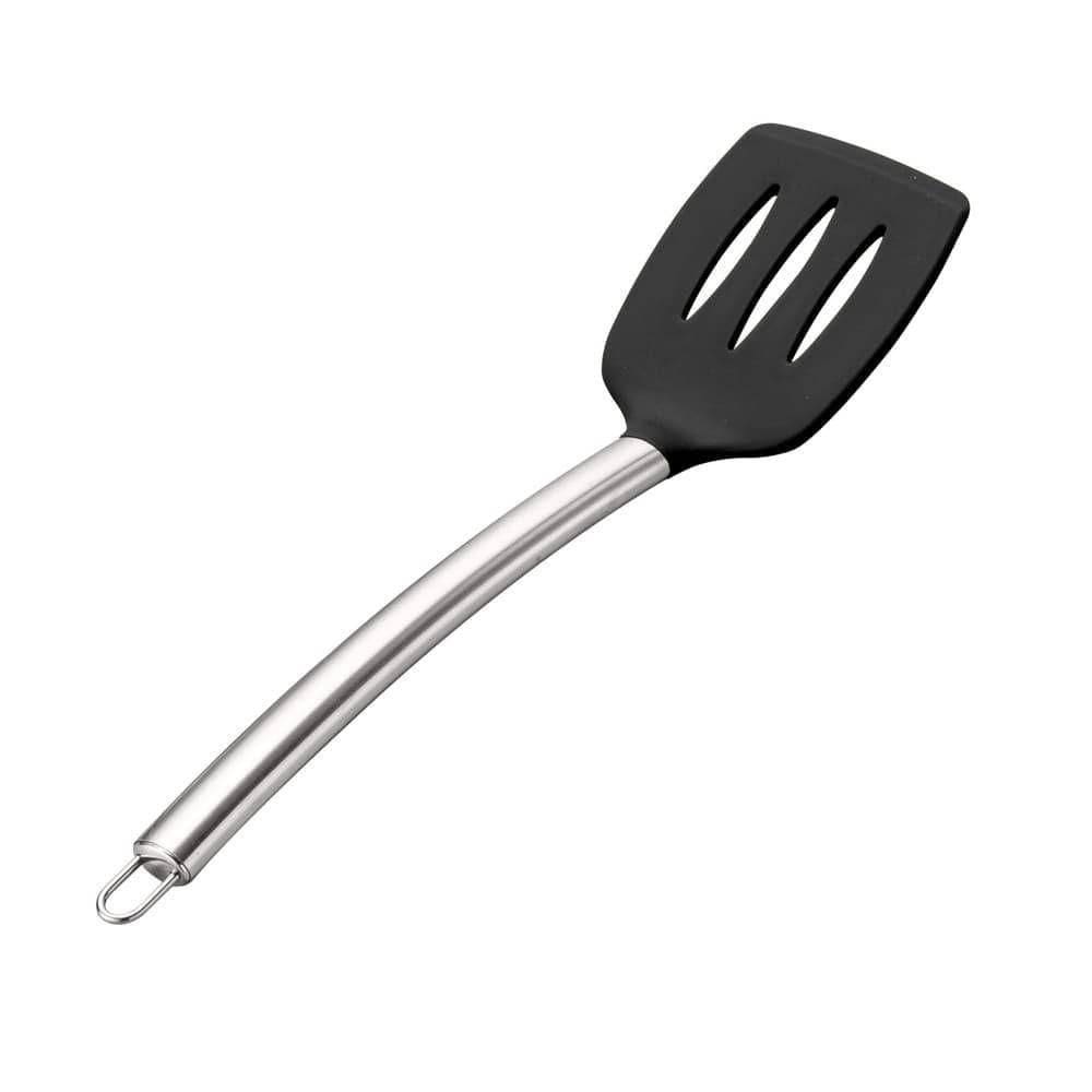 Espatula  Vazada De Silicone Preto Cabo Aço Inox Uny Home