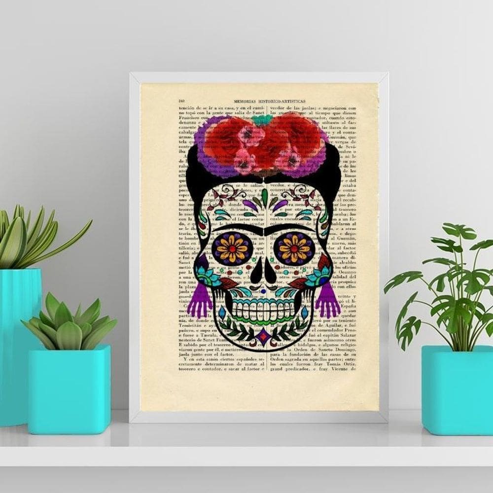 Quadro Caveira Mexicana Feminino 45X34Cm Com Vidro - Branca