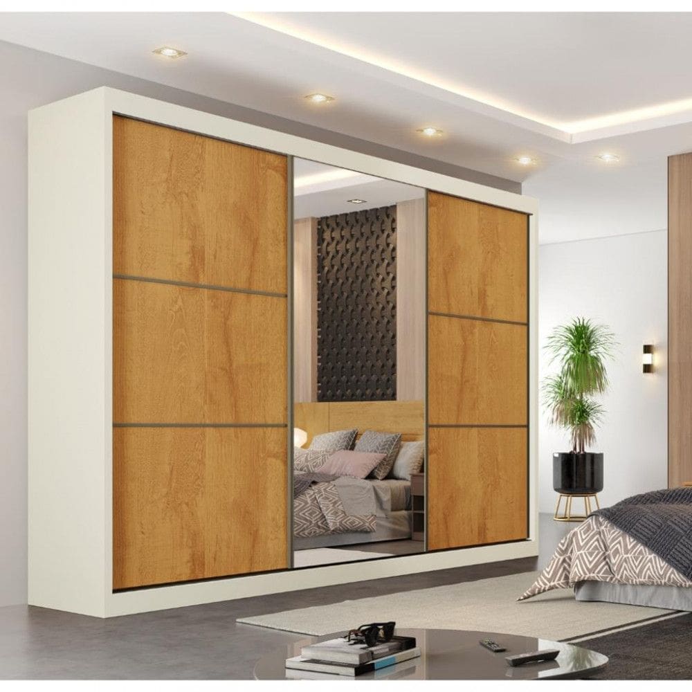 Guarda Roupa Casal com Espelho 3 Portas de Correr 100 MDF Braganca Europa