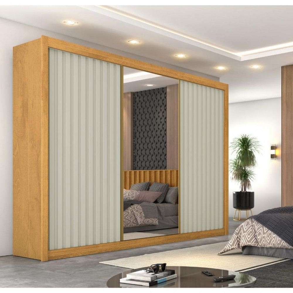Guarda Roupa Casal Ripado com Espelho 3 Portas de Correr 100 MDF Athenas Europa