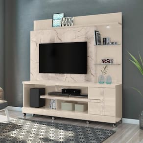 Estante Home para TV até 55 Polegadas com LED e Prateleira de Vidro 1 Porta com Rodízios Alan Madetec