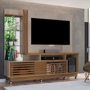 Estante Home para TV até 60 Polegadas com LED Espelho e Prateleira de Vidro 2 Portas com Rodízios Frizz Plus Madetec
