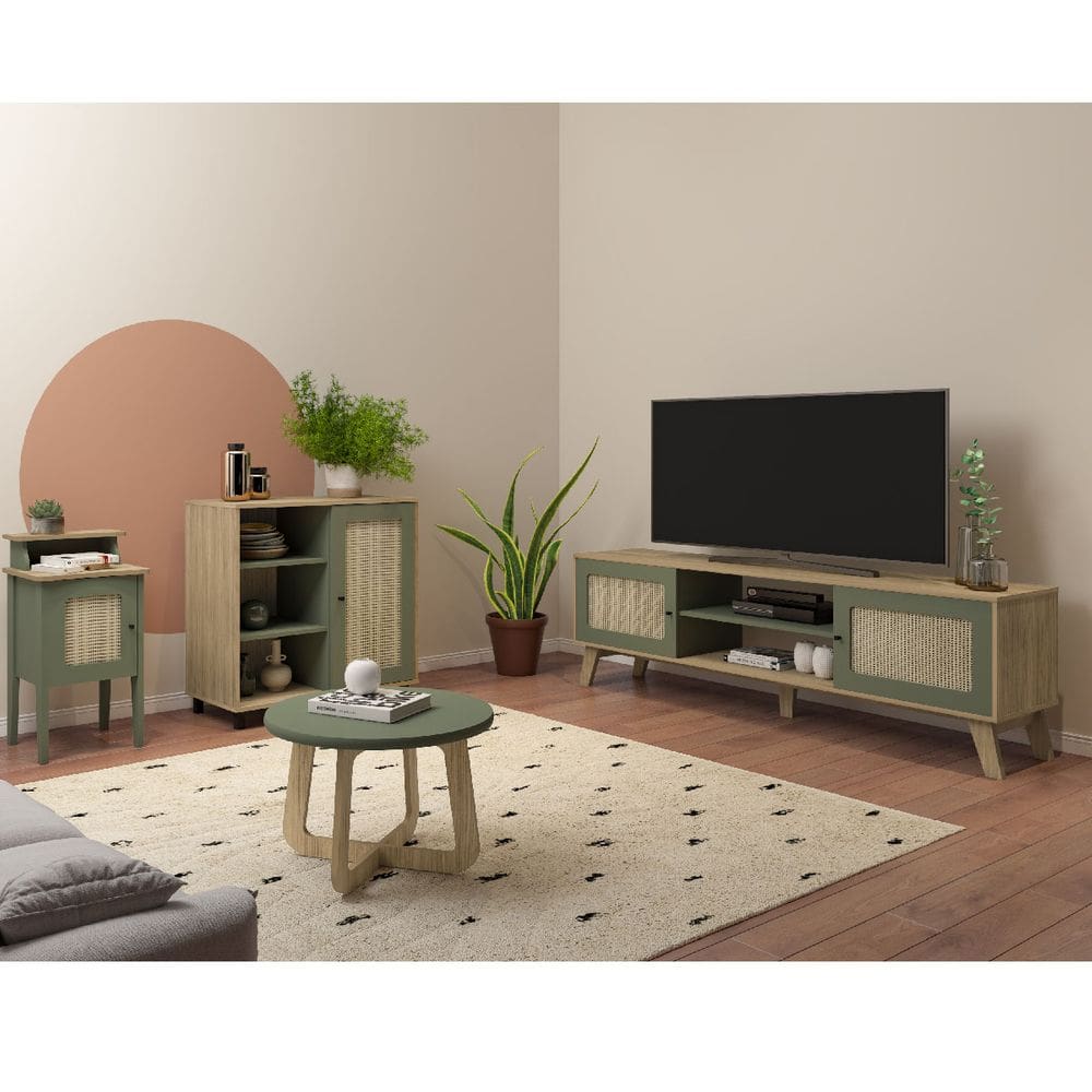 Conjunto Sala Rack p/ TV até 75", Buffet Aparador 1 Porta, mesa centro e Apoio Carvalho/Menta Charlotte - Artely