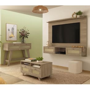 Conjunto Sala Painel p/ TV até 72", Aparador 2 Gavetas, Mesa de Centro Trama Carvalho - Artely