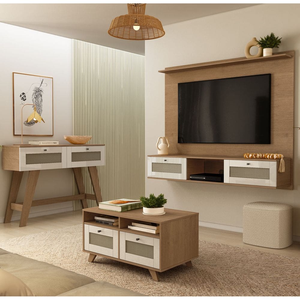 Conjunto Sala Painel p/ TV até 72" com 2 portas, Aparador 2 Gavetas, Mesa de Centro Cinamomo/Off White Trama - Artely