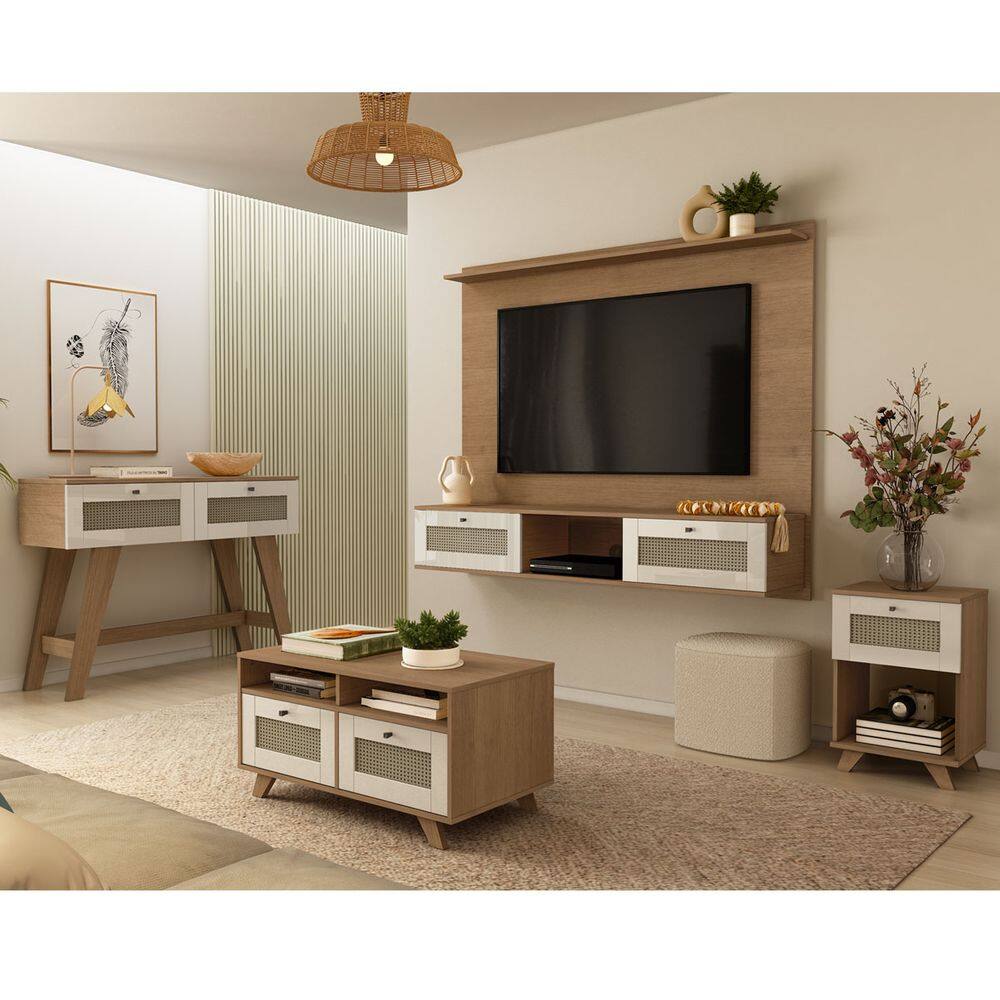 Conjunto Sala Painel p/ TV até 72", Aparador 2 Gavetas, Mesa Centro e Apoio Cinamomo/Off White Trama - Artely