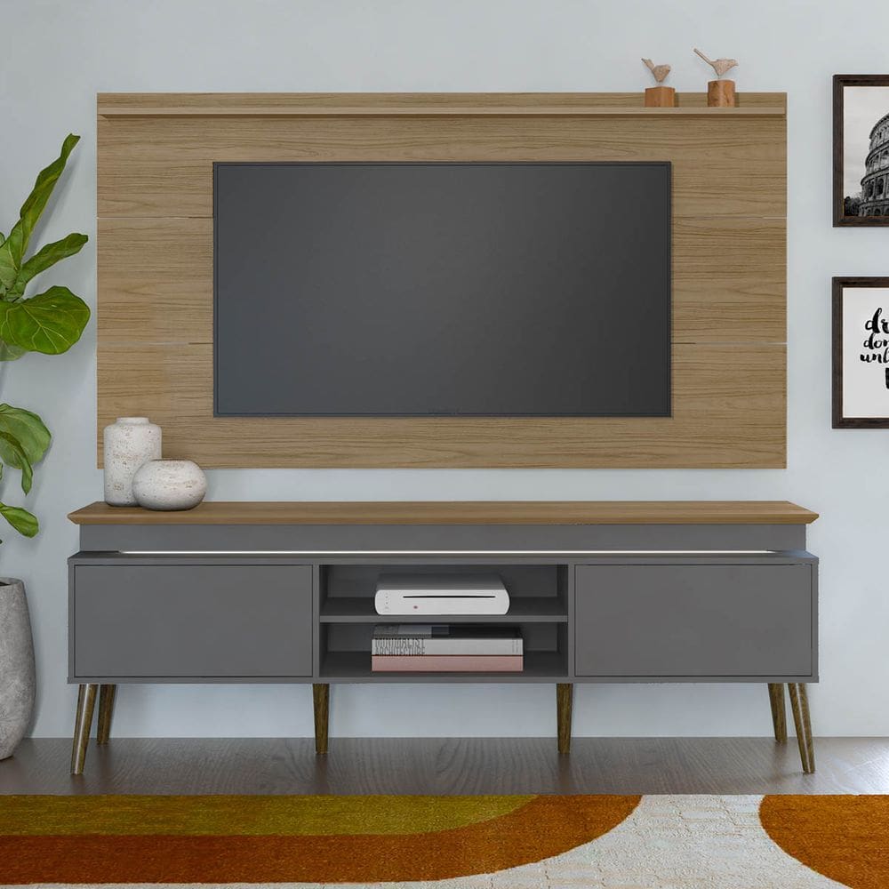 Rack com Painel Slim p/ TV até 75" com 2 Portas Lumina Carvalho/Grafite - Artely