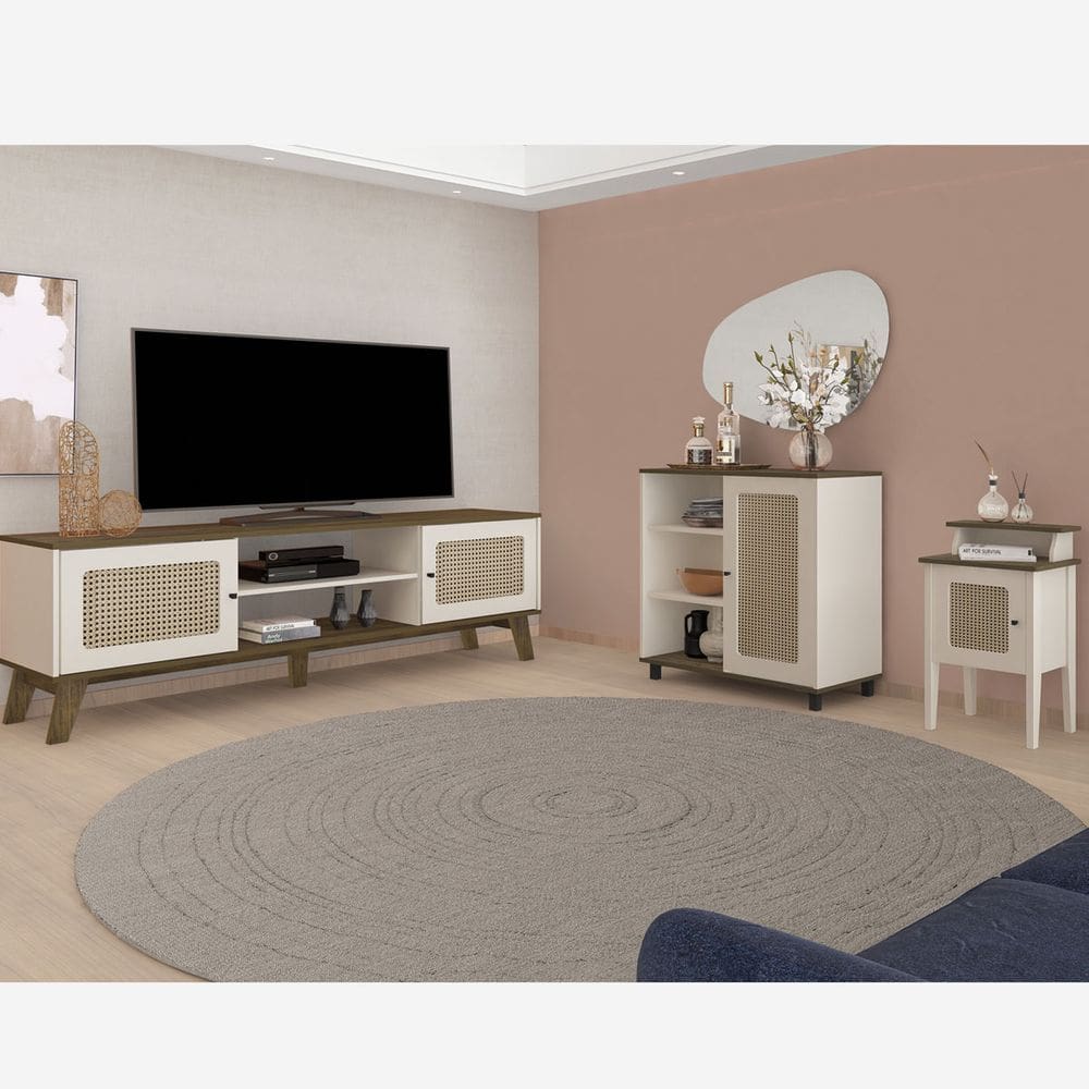 Conjunto Sala Rack p/ TV até 75", Buffet Aparador 1 Porta, Mesa de Apoio Pinho/Off White Charlotte - Artely