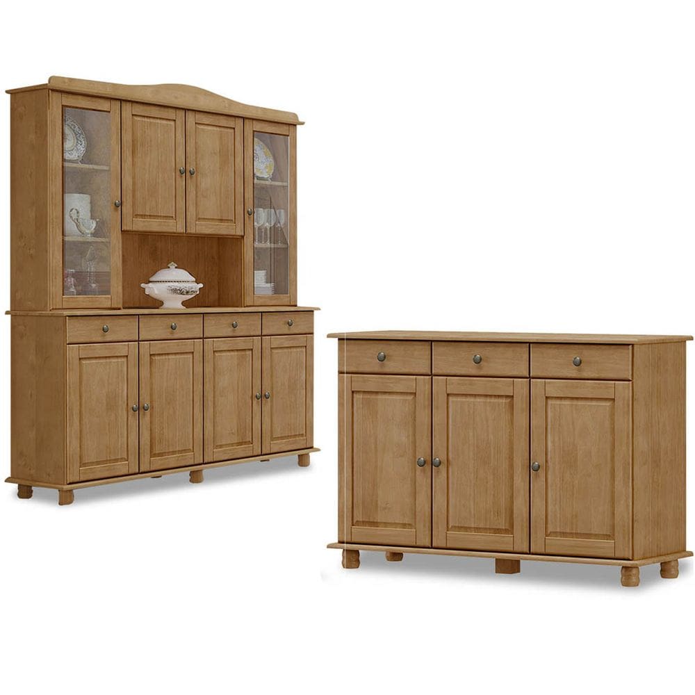 Conjunto Cozinha: Cristaleira 8 Portas 4 Gavetas e Balcão 3 Portas 3 Gavetas Rubi Freijó Madeira Pinus - Finestra