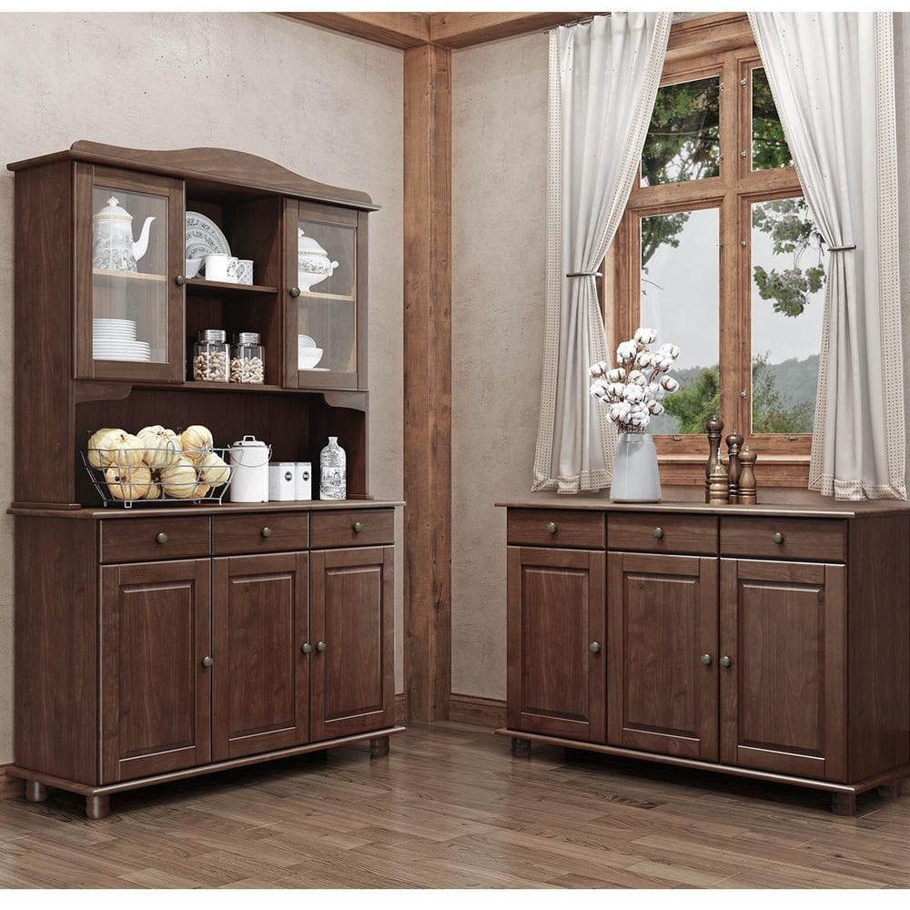 Conjunto Cozinha: Cristaleira 5 Portas 3 Gavetas Balcão 3 Portas 3 Gavetas Rubi Café Madeira Pinus - Finestra