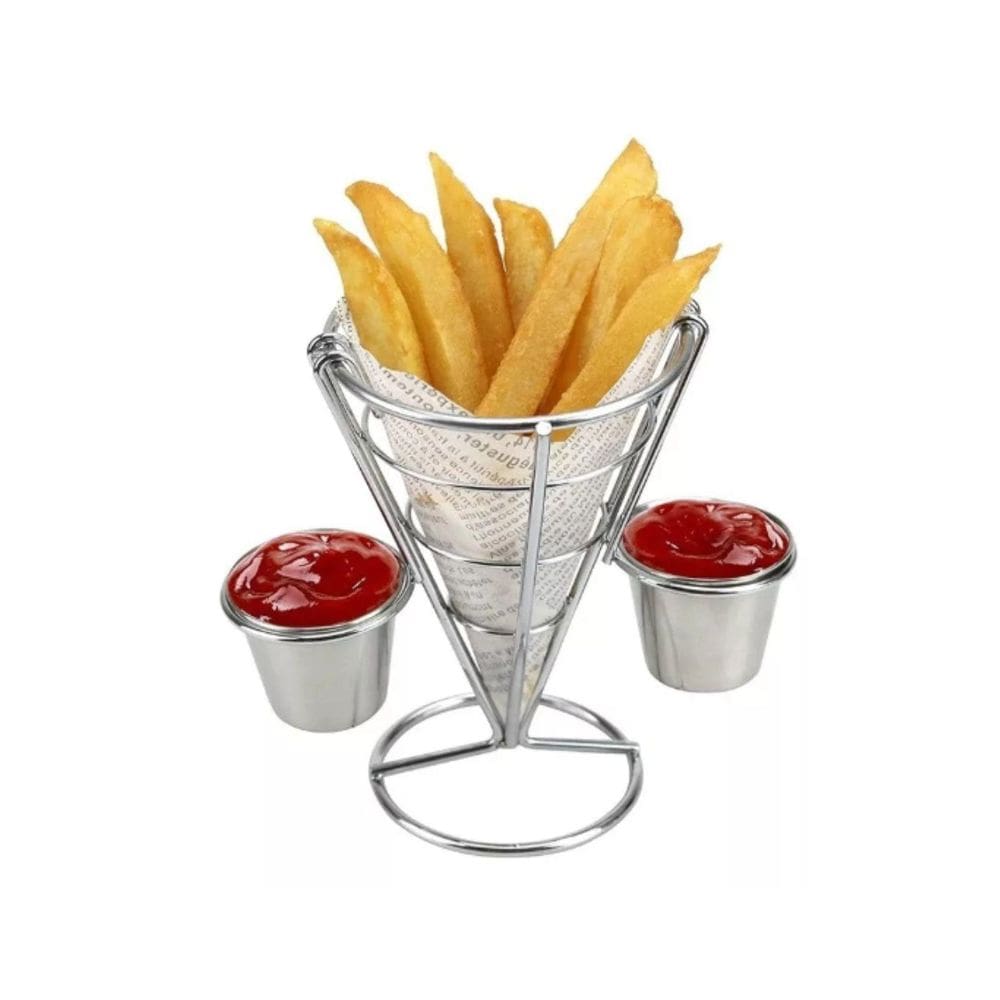 Petisqueira Cone Com Molheira Porta Batata Frita Inox