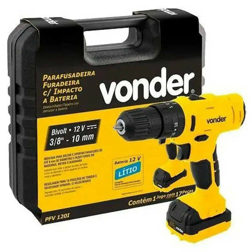 Parafusadeira/Furadeira à Bateria Vonder 3/8" PFV120I 12V Com Maleta+Bateria