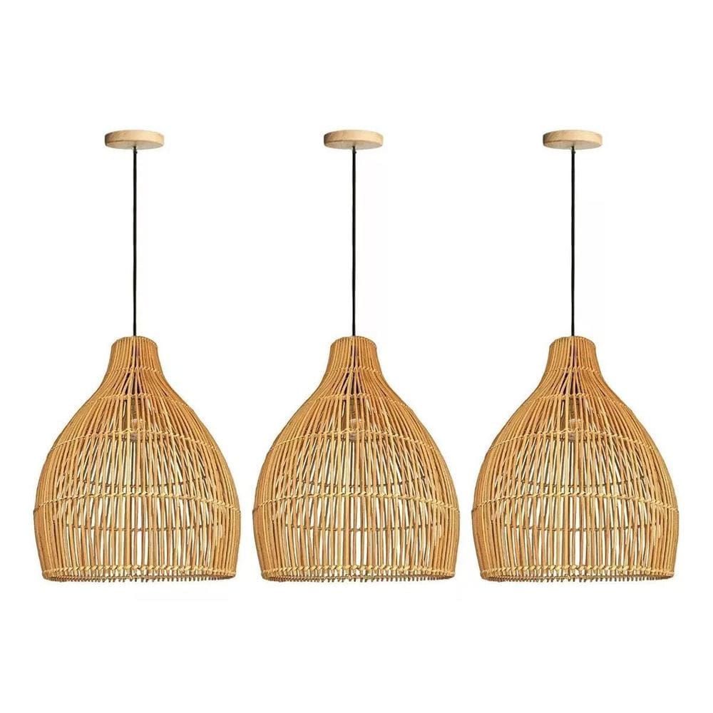 3 Pendente Em Fibra Natural Rattan Artesanal Sala E27 Nat37