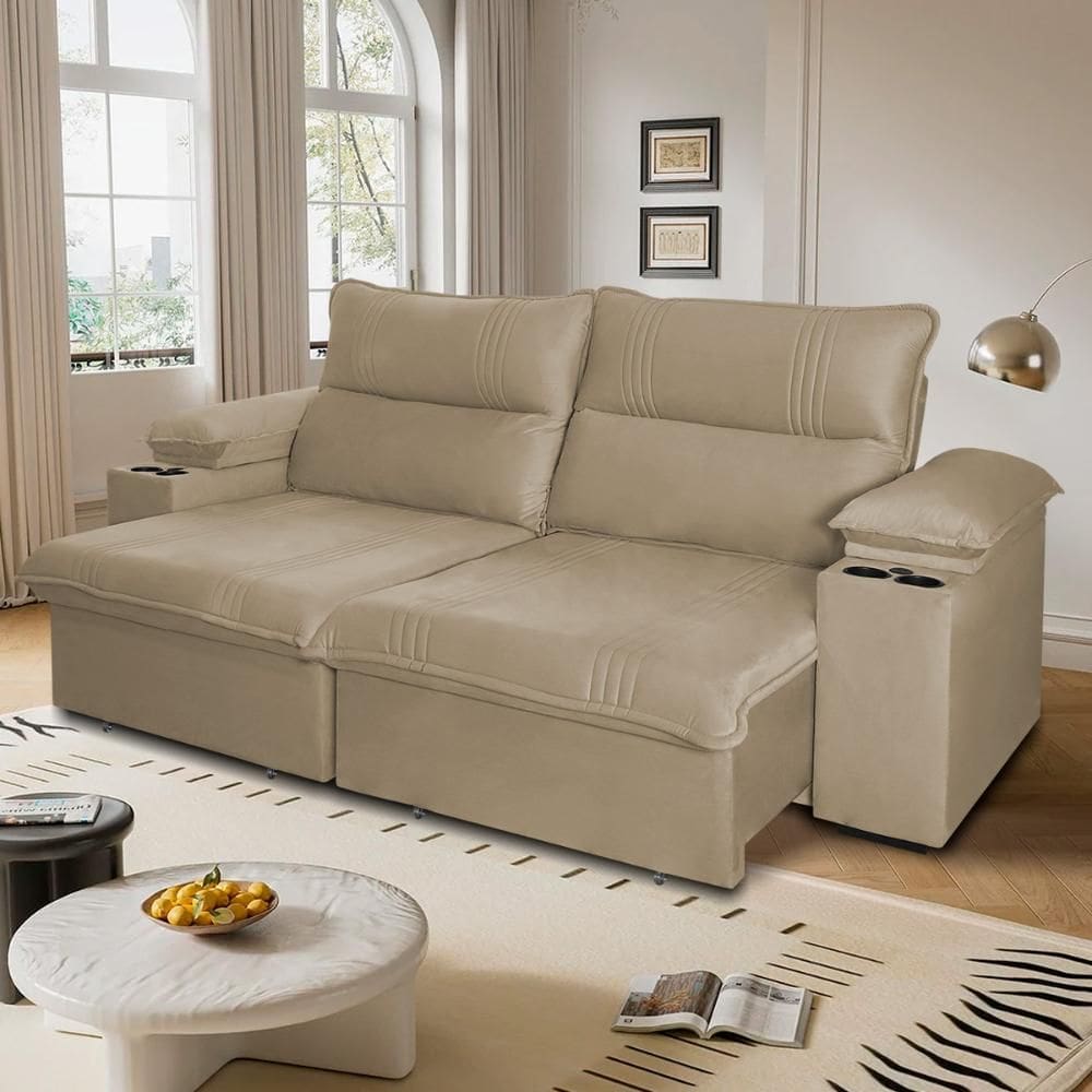 Sofá Retrátil Tesla 2,60m USB e Porta Copo Suede Bege