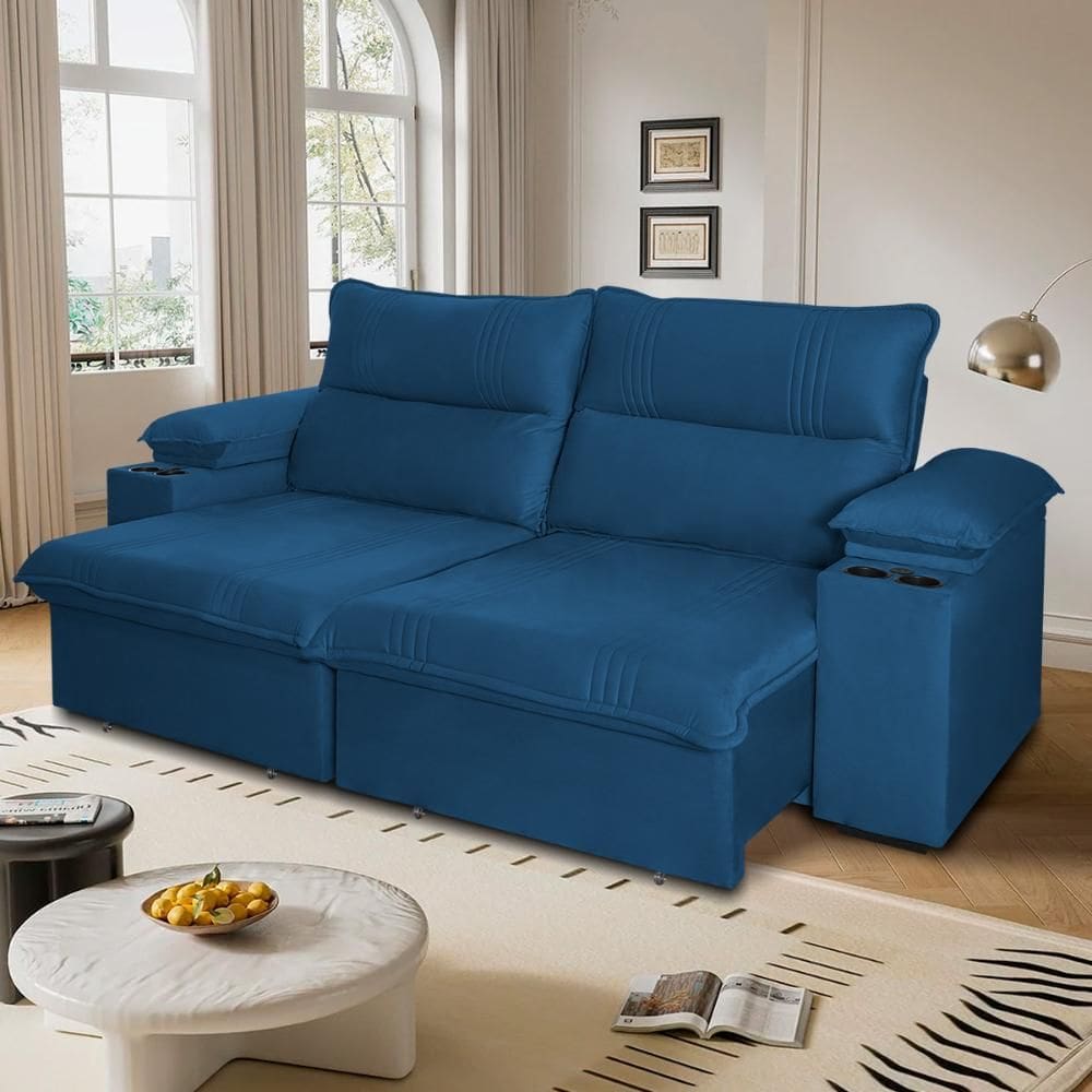 Sofá Retrátil Tesla 3,10m USB e Porta Copo Suede Azul