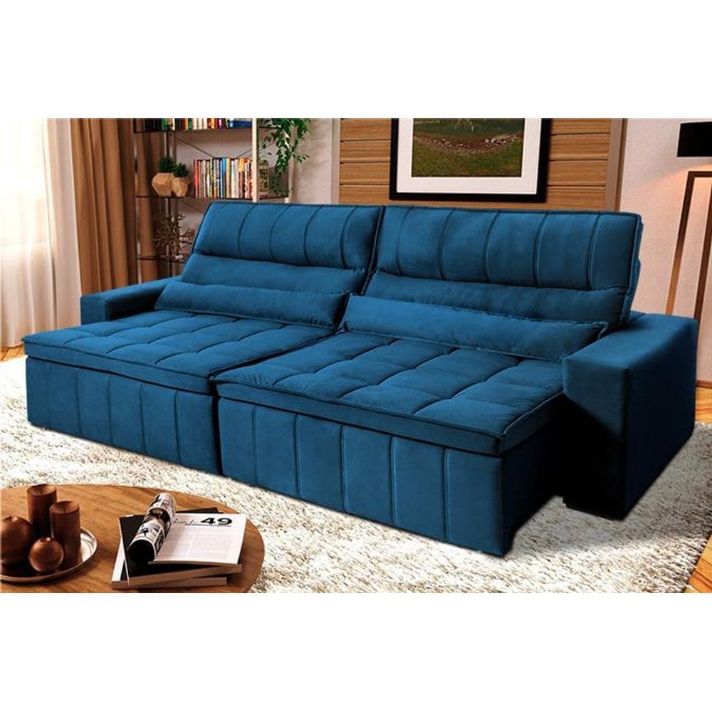 Sofá Retrátil Reclinável Supremo 2,50m Velut Azul Marinho c/ Molas