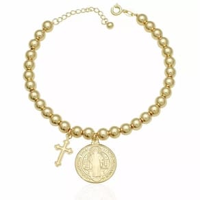 Pulseira São Bento Cruz Com Bolas Folheado A Ouro 18k