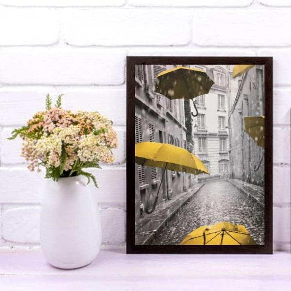 Quadro Sombrinhas Amarelas 45x34cm - Moldura Preta