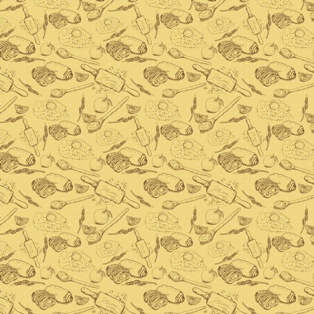 Papel De Parede Amarelo Desenhos Ovos E Pães Adesivo Lavável