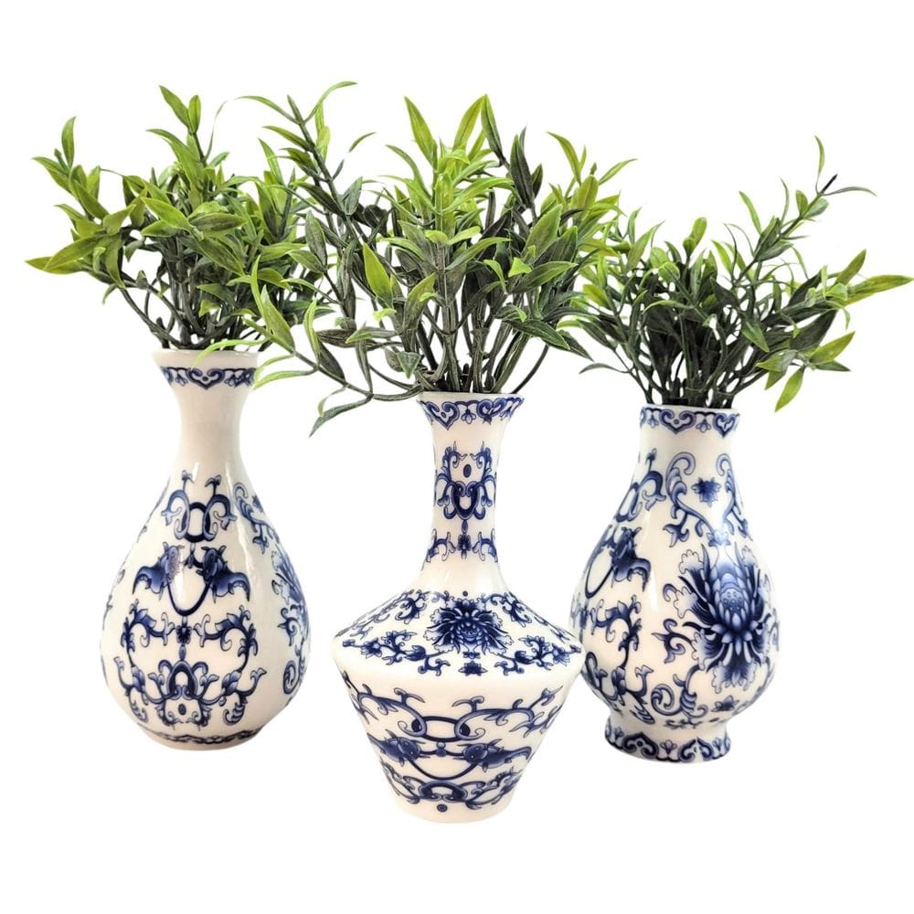 Kit 3 Mini Vaso Azul E Branco De Porcelana Com Planta