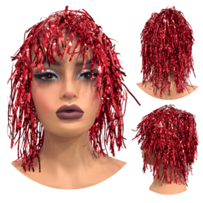 Peruca metalizada festa fantasia carnaval franja vermelho