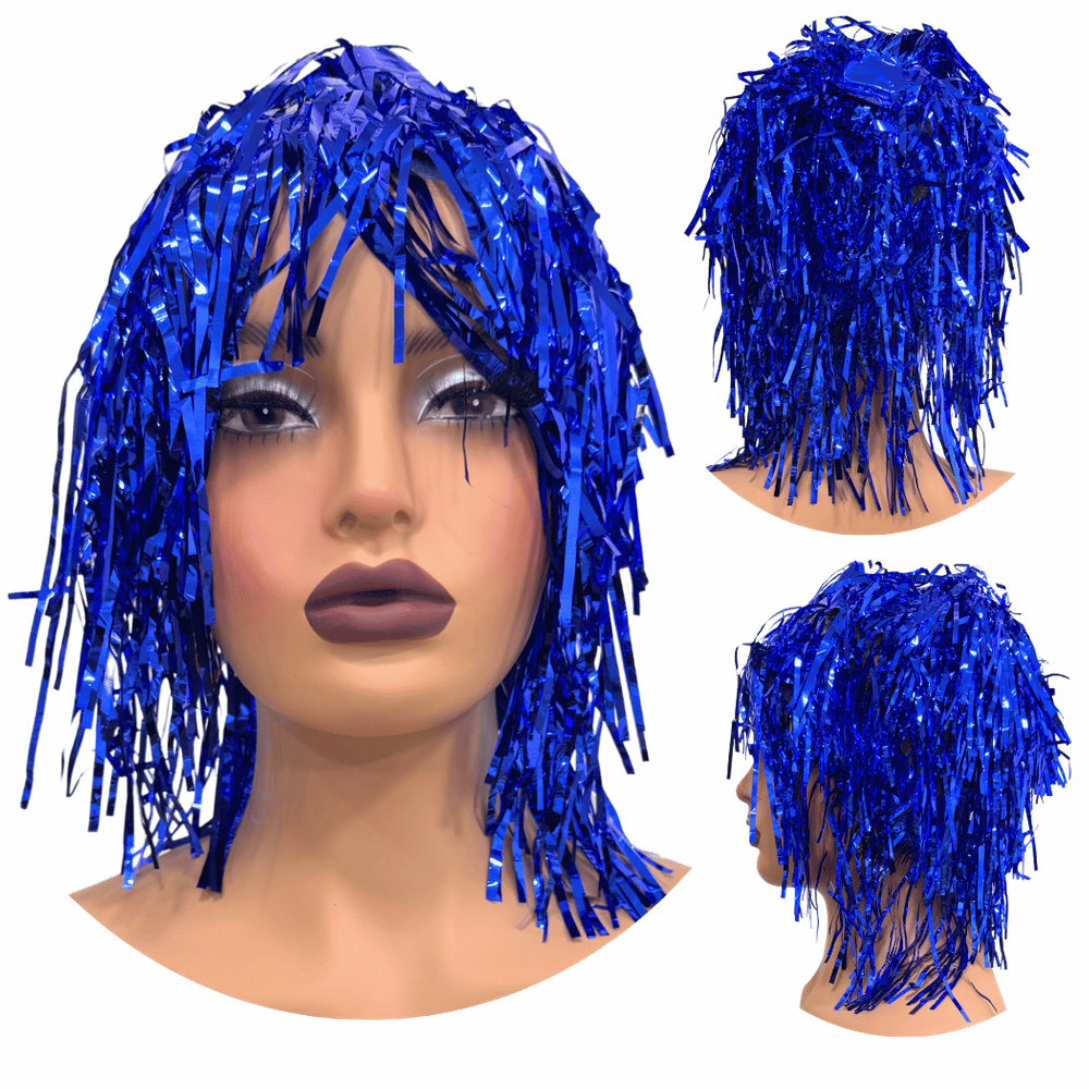 Peruca metalizada festa fantasia carnaval franja azul