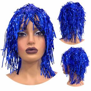 Peruca metalizada festa fantasia carnaval franja azul