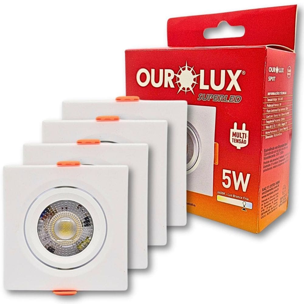 Kit 4 Spot Led Quadrado 5W 6400K Branco Frio Direcionável