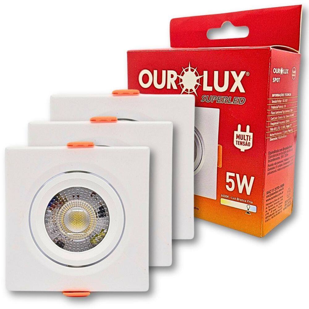 Kit 3 Spot Led Quadrado 5W 6400K Branco Frio Direcionável