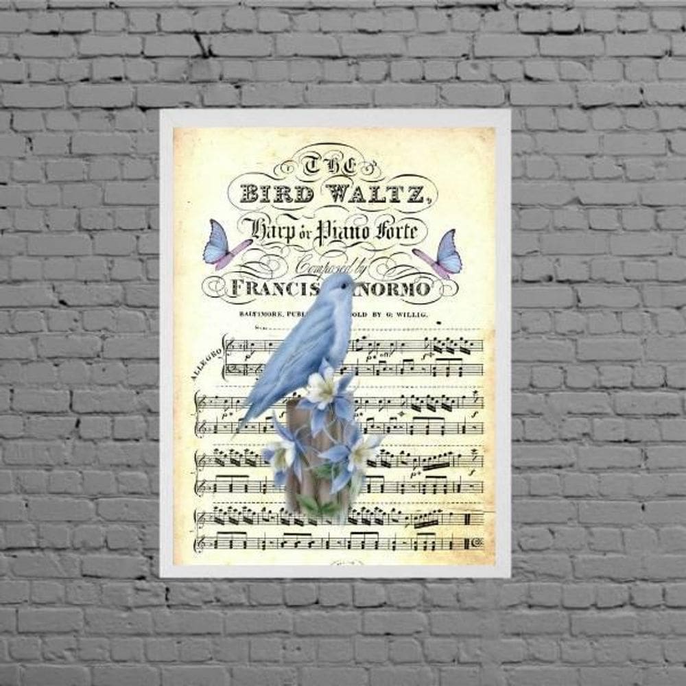 Quadro Vintage Passarinho Com Partitura 45X34 Moldura Branca