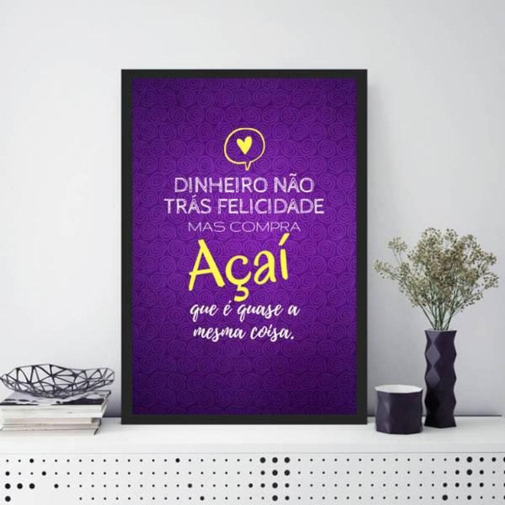 Quadro Decorativo Açaí Felicidade 33X24Cm Moldura Preta