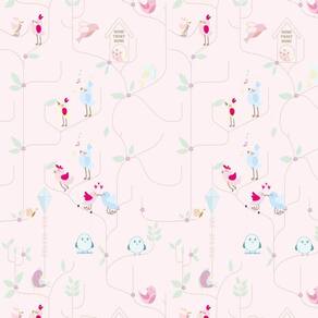 Papel Parede Pássaros Cantando Fundo Rosa Adesivo Infantil