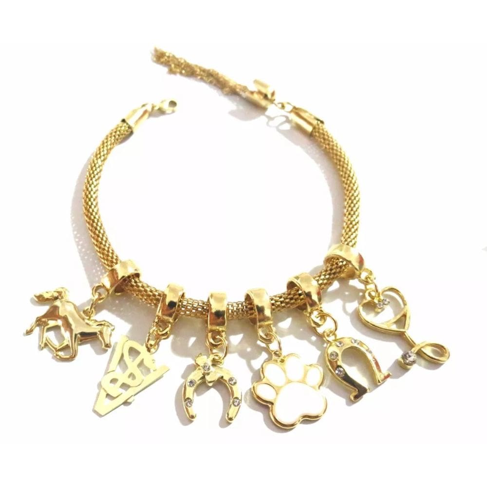Pulseira Berloque Cavalo Pata Ferradura Esteto Folheado