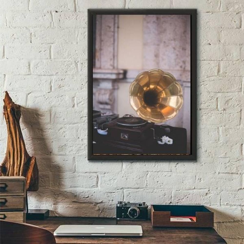 Quadro Fotografia Gramofone 33X24 Com Vidro - Madeira Preta