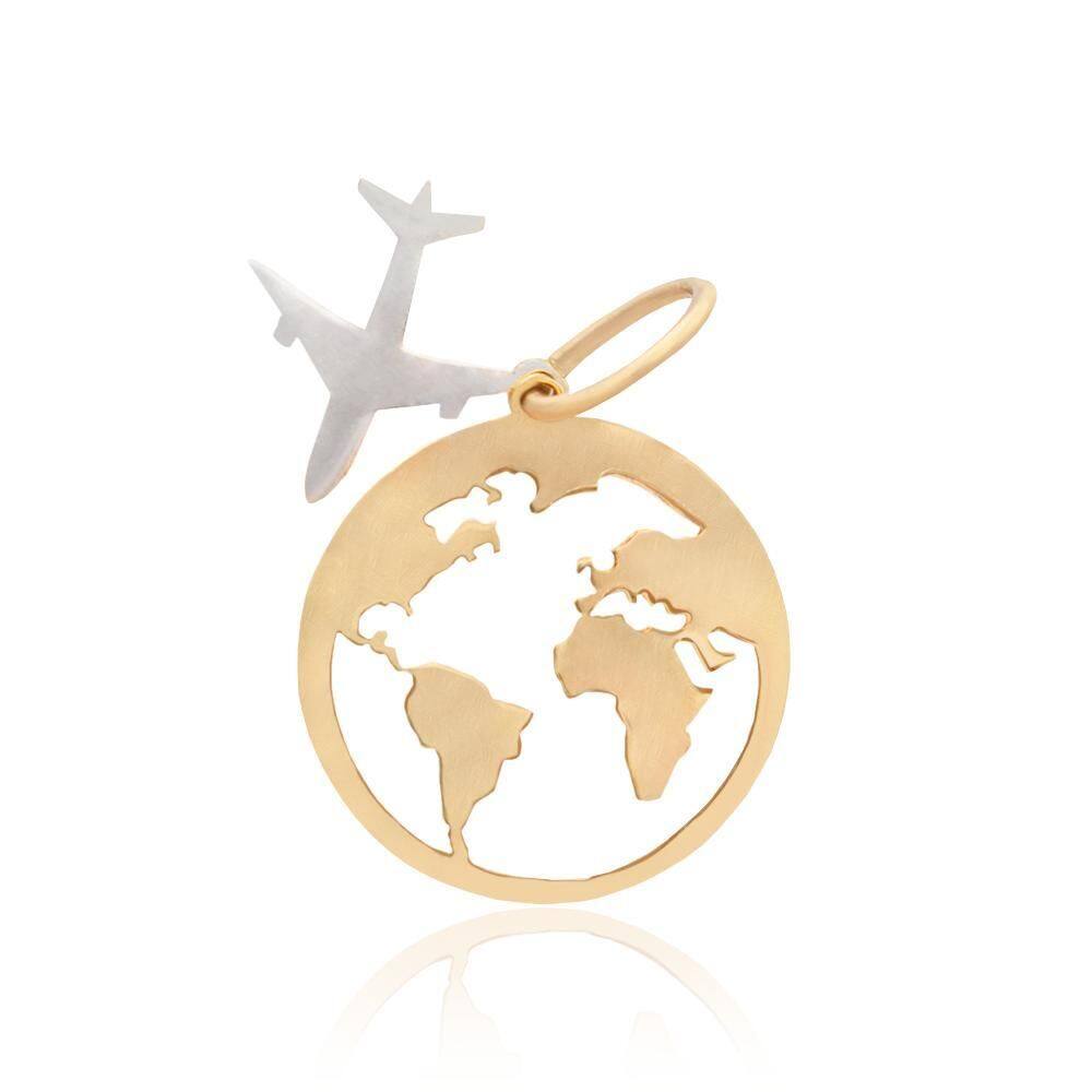 Pingente Viagem Mapa Avião Em Ouro 18K