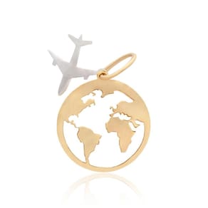Pingente Viagem Mapa Avião Em Ouro 18K