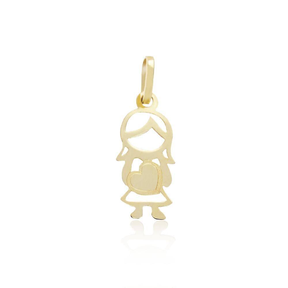 Pingente Menina Coração Vazado 1,5Cm Em Ouro 18K