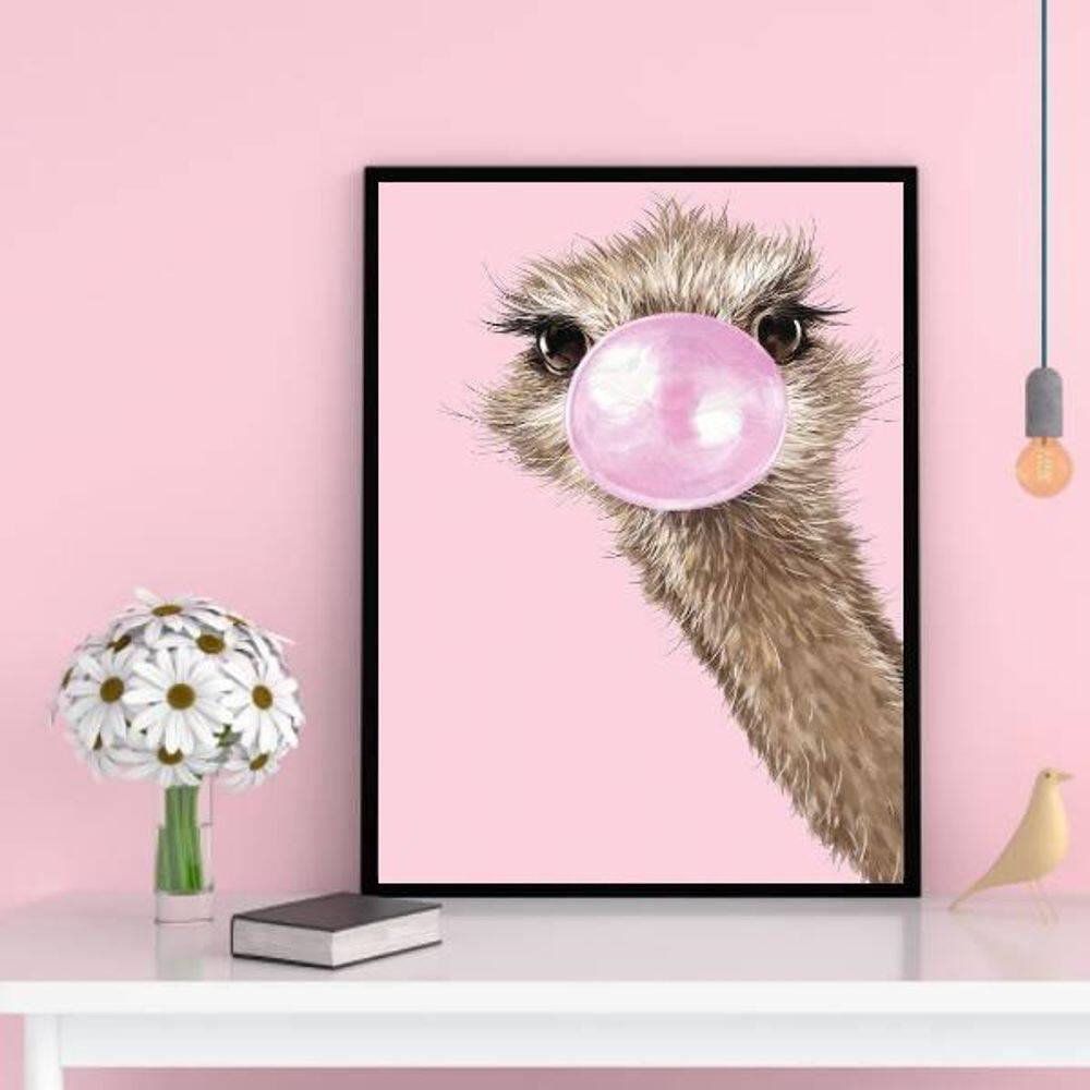 Quadro Decorativo Avestruz Bubble Gum 45X34Cm Madeira Preta