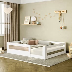 Cama Montessoriana Infantil Space Casal com Rattan e Grade de Segurança em Mdp Casatema Branco