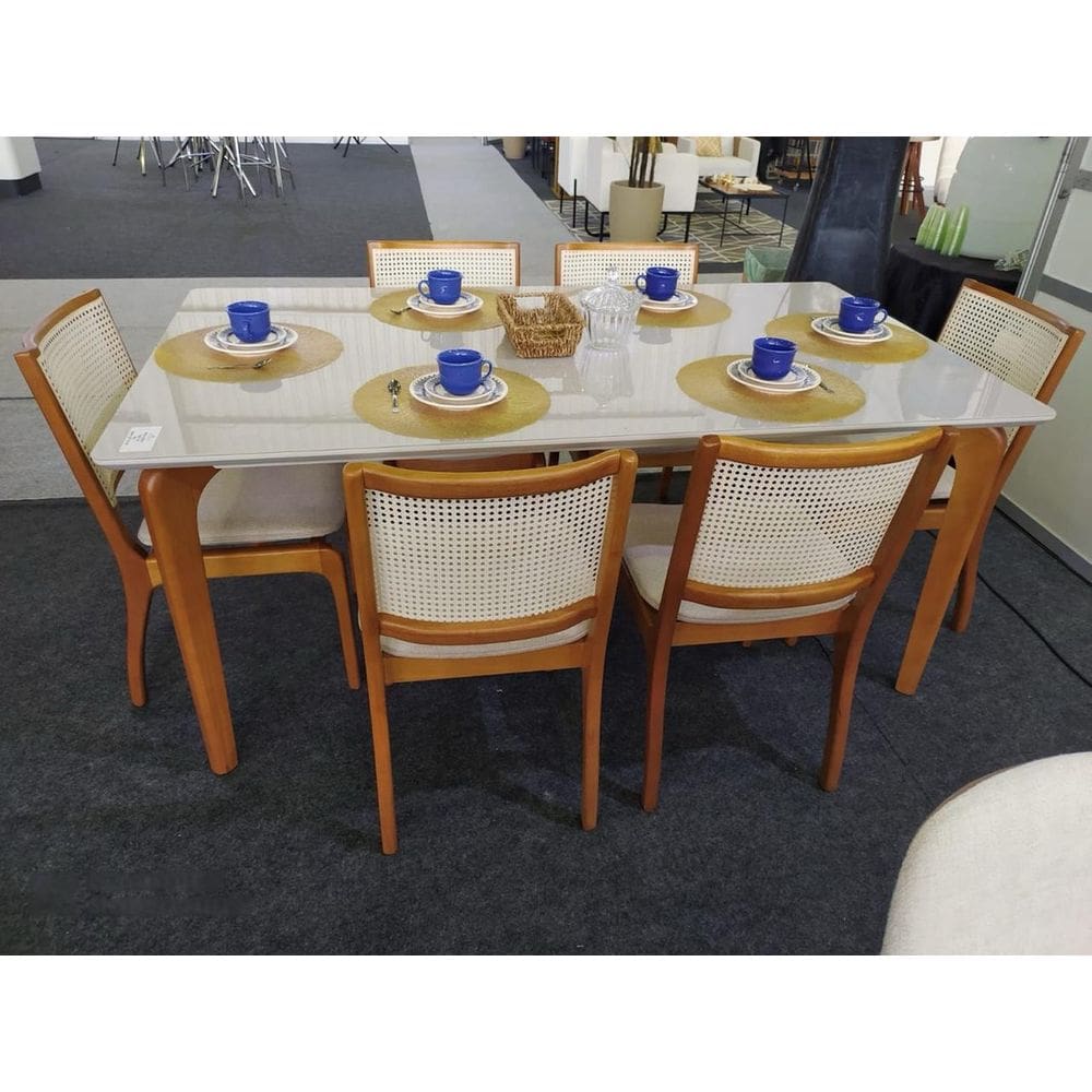 Sala de Jantar Madeira Maciça com vidro 6 Cadeiras 1,80x1,0m - Esparta - Requinte Salas