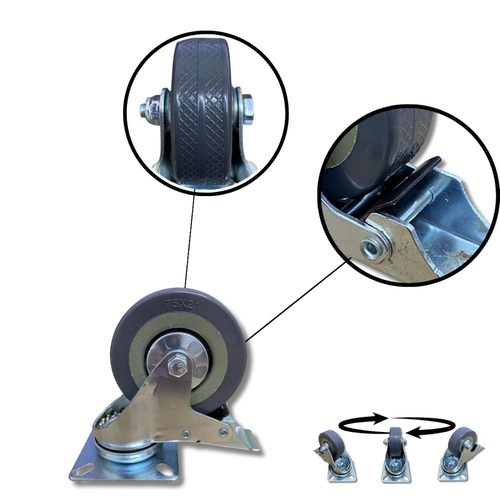 Rodízio Rodinha Giratório Placa Base Aço Roda PP Cinza Diâmetro 75mm 3&quot; C/ Trava Freio