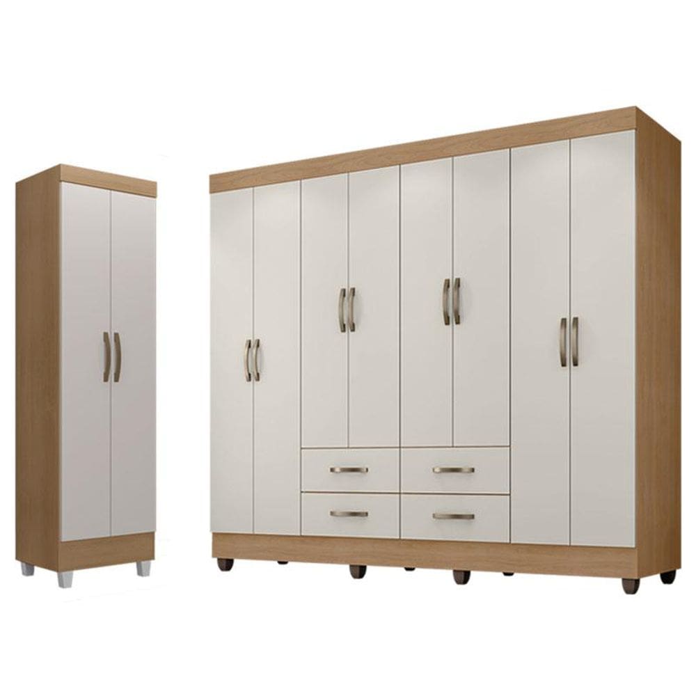 Guarda Roupa Casal Porto e Armário Multiuso Lite Natuire Off White - Leão