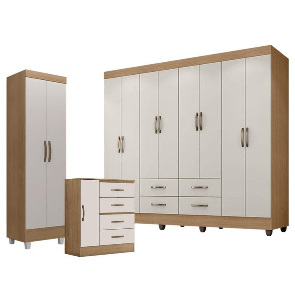Guarda Roupa Casal Porto com Cômoda 4 Gavetas e 1 Porta e Armário Multiuso Lite Nature Off White - Leão